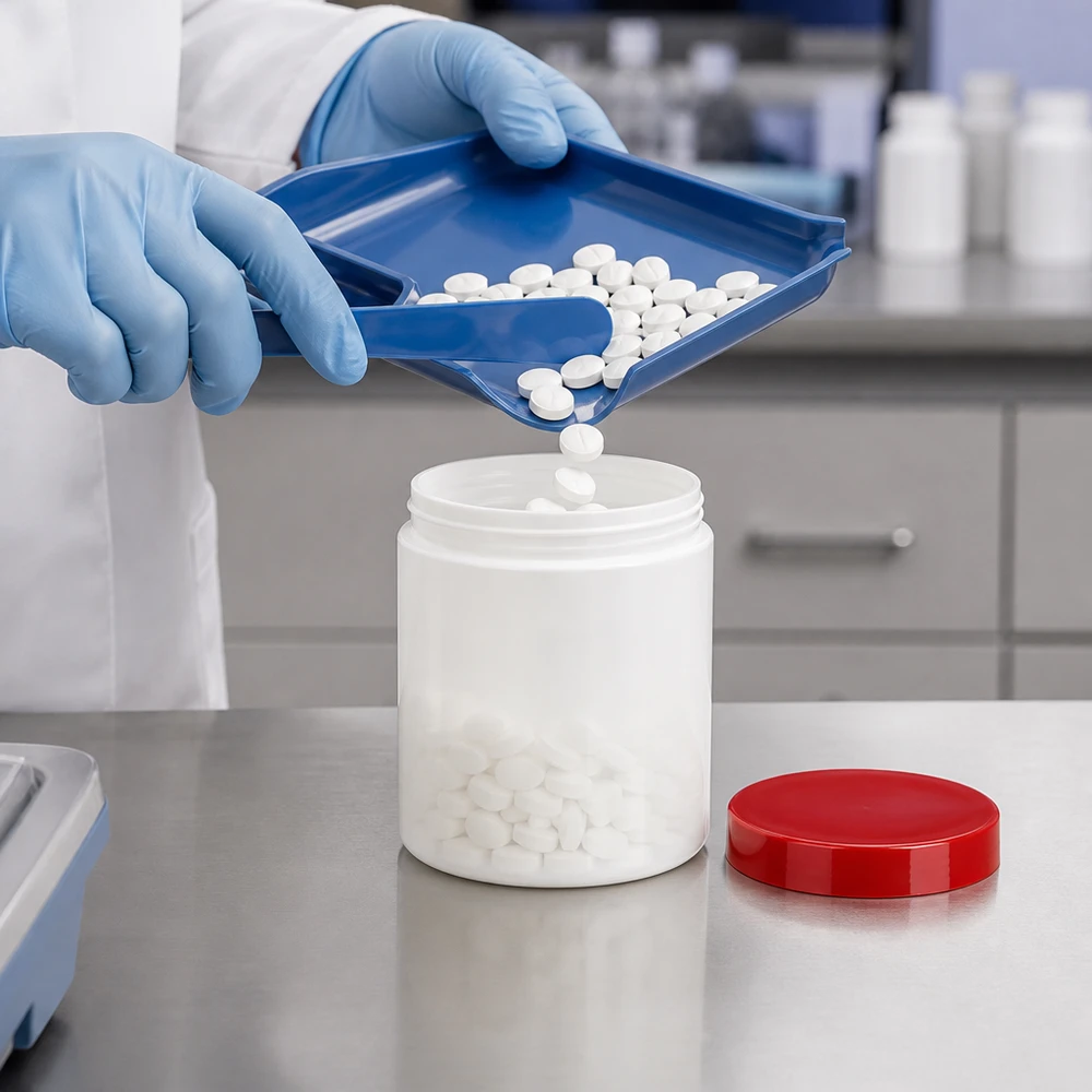 En apotekstekniker fyller en vit PP-salvburk på 30 g med tabletter på laboratoriebänken