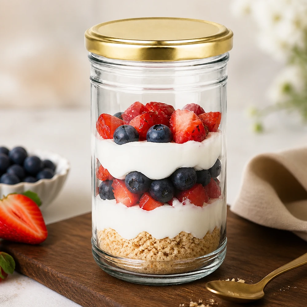 1053ml Krossade glasögon med BasicSeal-lock guld UNiTWIST Lagrad dessert med bär och yoghurt i en 1053 ml glasburk med guldlock som en hälsosam dessertidé