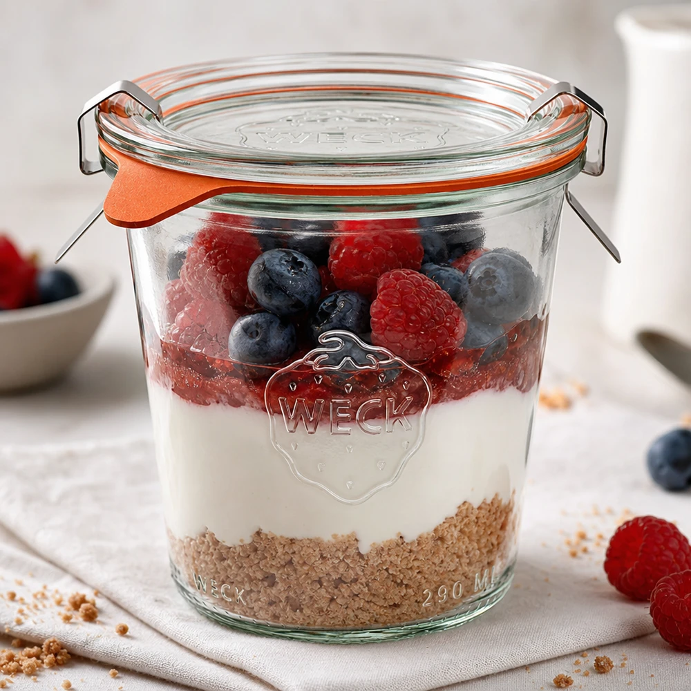 WECK tumlare 290ml RR80 som dessertburk med yoghurt, bär och müsli i lager på en vit yta