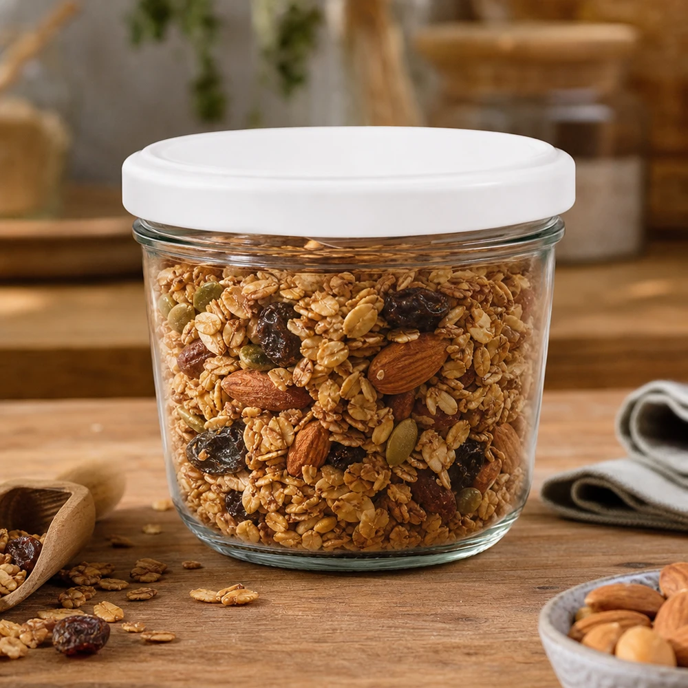 230 ml murarburk med BasicSeal-lock fylld med müsli och nötter - perfekt för förvaring av torrfoder