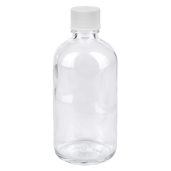 100ml flaska 11mm skruvkork vit Standard ClearLine UT18/100 100 ml flaska i klart glas med vitt skruvlock, 11 mm, ClearLine-serien UT18