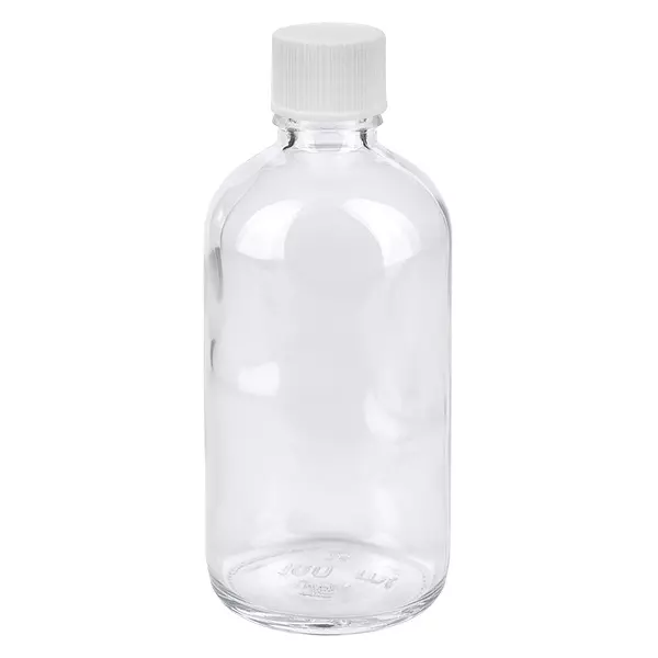 100ml flaska 11mm skruvkork vit Standard ClearLine UT18/100 100 ml flaska i klart glas med vitt skruvlock, 11 mm, ClearLine-serien UT18
