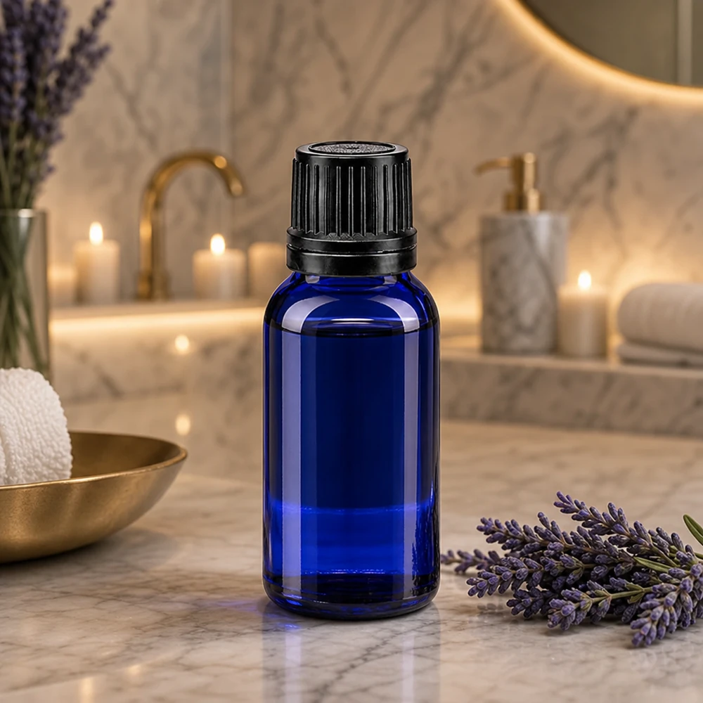 Apoteksflaska blå 10ml dropplock hällring 1mm svart manipuleringssäkert lock Blå glasflaska på 10 ml med svart originalförslutning på marmor bredvid lavendelblommor