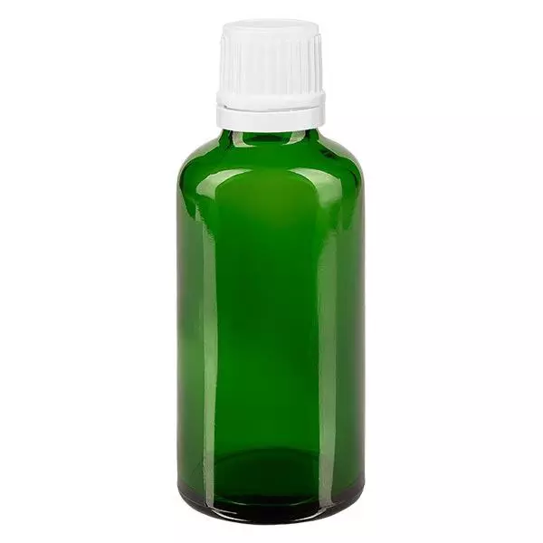 Apoteksflaska grön 50ml dropplock 1.2mm vit manipulationsskyddad förslutning Apoteksflaska grön 50ml dropplock 1.2mm vit manipulationsskyddad förslutning