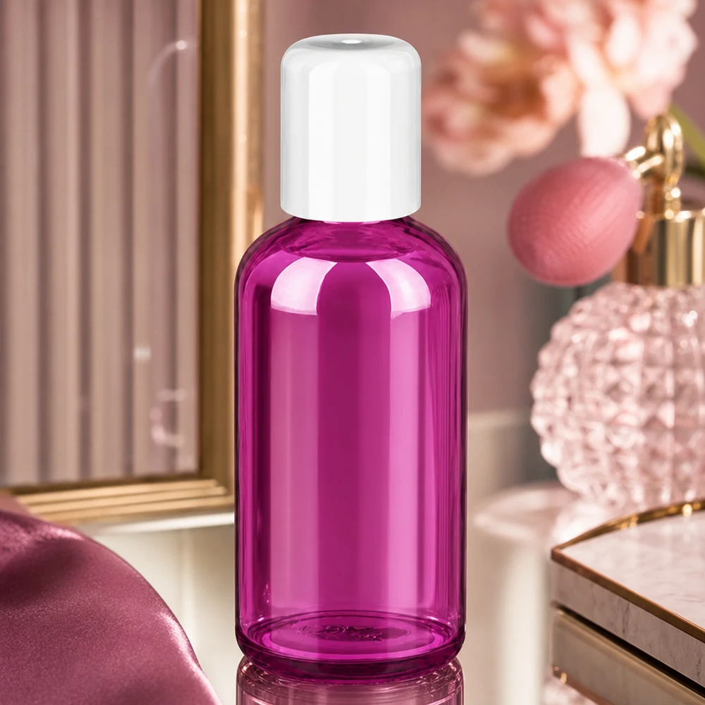 Transparent 100 ml roll-on-flaska i lila glas med vitt lock för kosmetiska applikationer