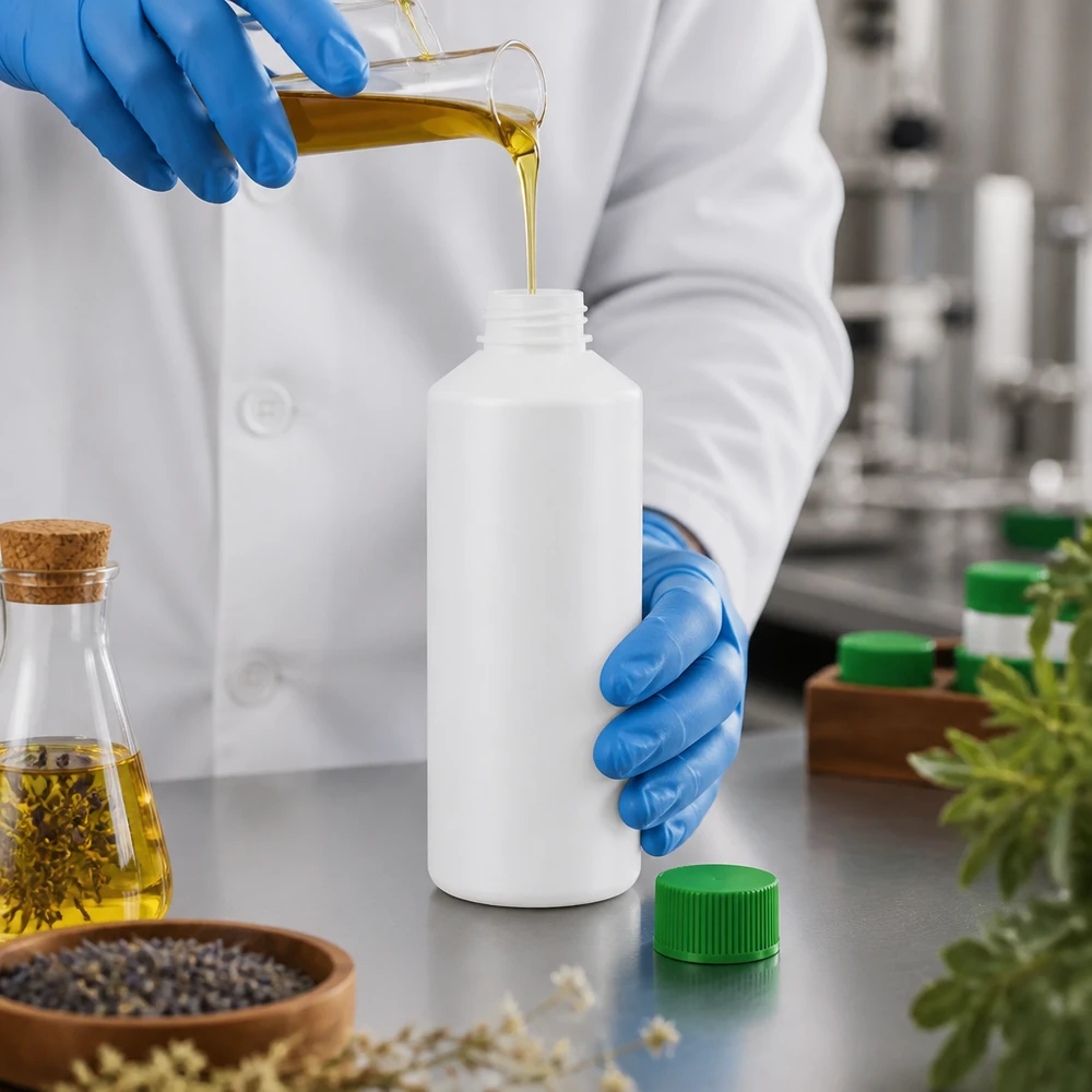 Vit plastflaska på 100 ml med grönt SV-märke för oljor och naturliga extrakt i farmaceutisk förpackning