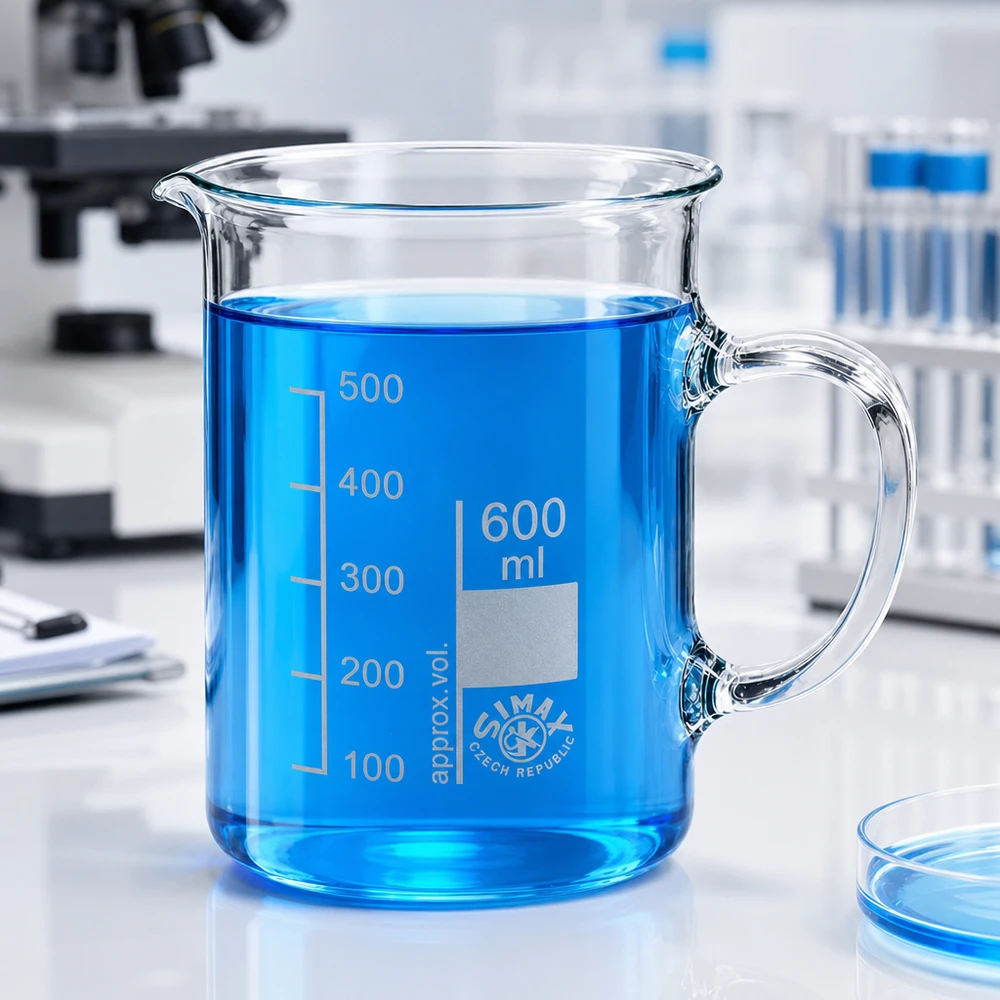 Genomskinligt laboratoriebägareglas på 600 ml med handtag, fyllt med blå vätska i laboratoriet