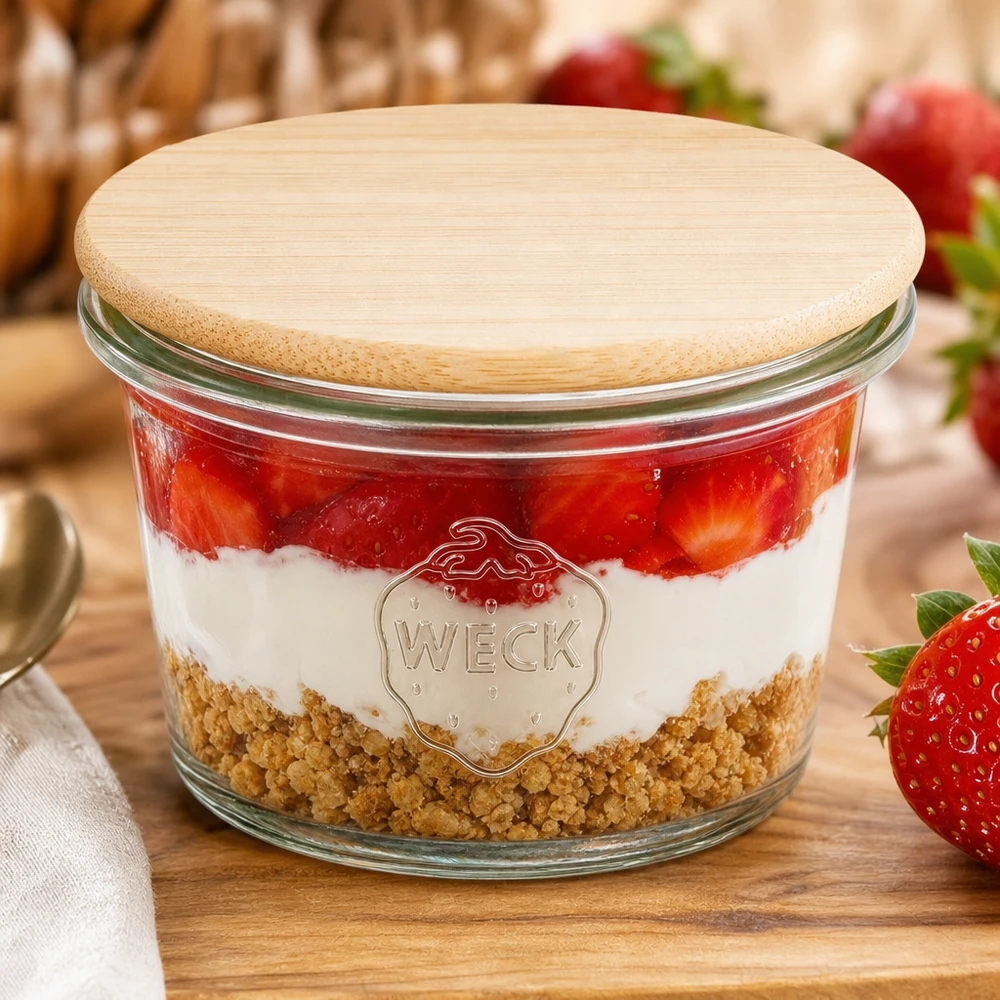 35ml Krossade glasögon WECK RR40 med trälock WECK mini mason jar 35ml RR40 med bambu trälock fylld med jordgubbar lagrad dessert på träbräda med färska jordgubbar