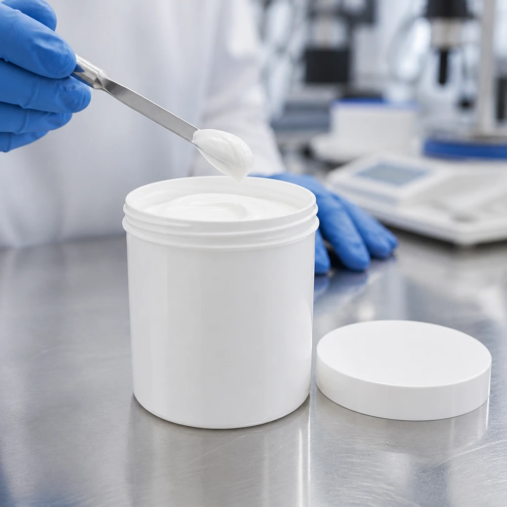 En laboratorieassistent tar ut kräm ur en vit 250 g-salvburk med hjälp av en spatel och en blå handske