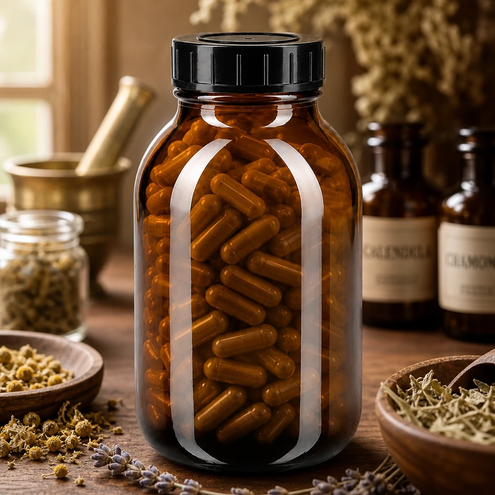500ml bredhalsad flaska bärnstensfärgat glas med skruvkork Farmaceutflaska 500 ml av UV-skyddande bärnstensfärgat glas med praktiskt skruvlock