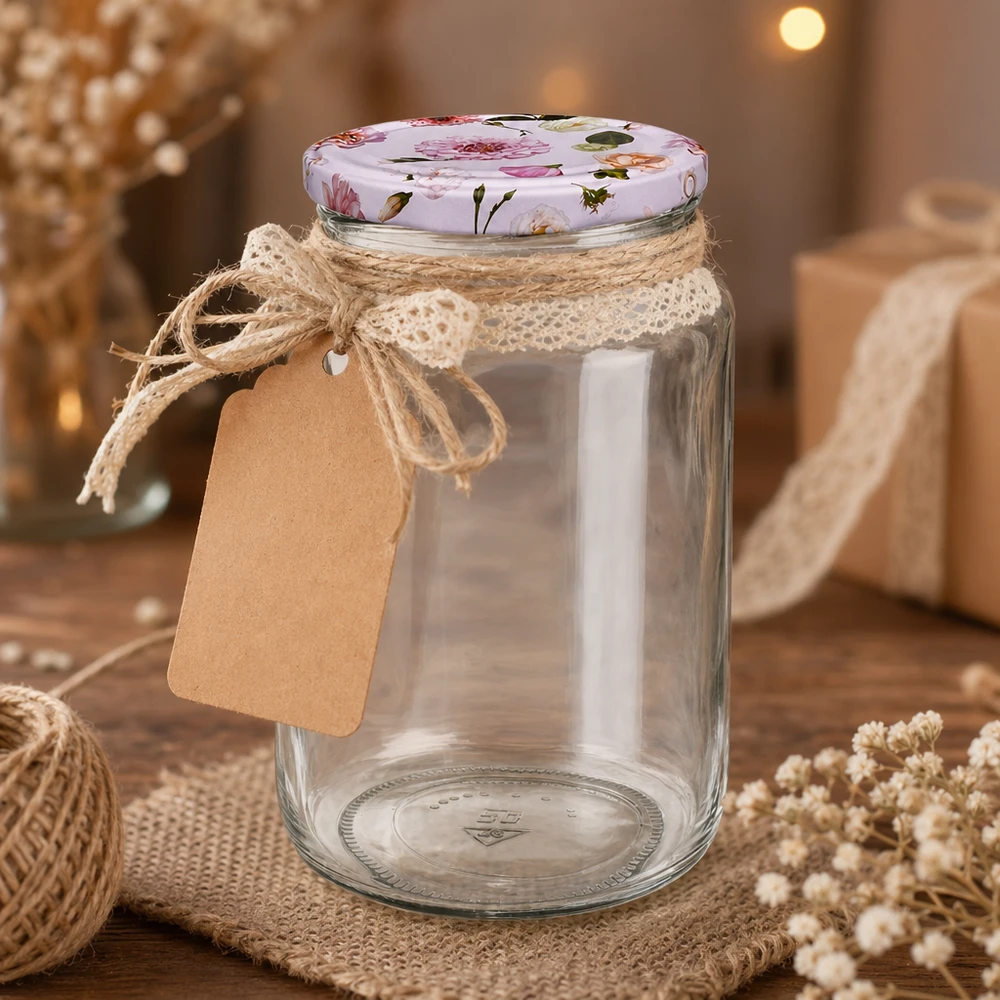 795 ml rund burk + BasicSeal-lock blomma rosa UNiTWIST 795ml rund burk tom med BasicSeal lock rosa blommor rustik dekoration jutesnöre kraftpapper tagg presentförpackning