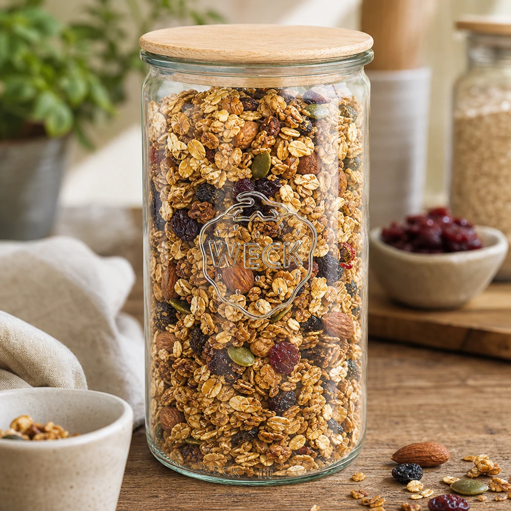 1590ml cylinderburk WECK RR100 med trälock WECK förvaringsburk 1590ml RR100 fylld med müsli och nötter som köksorganisatör på ett träbord
