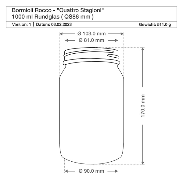 1000ml rund burk "Quattro Stagioni" med lock Teknisk ritning 1000ml Quattro Stagioni runt glas med dimensioner diameter höjd 170mm Bormioli Rocco specifikation