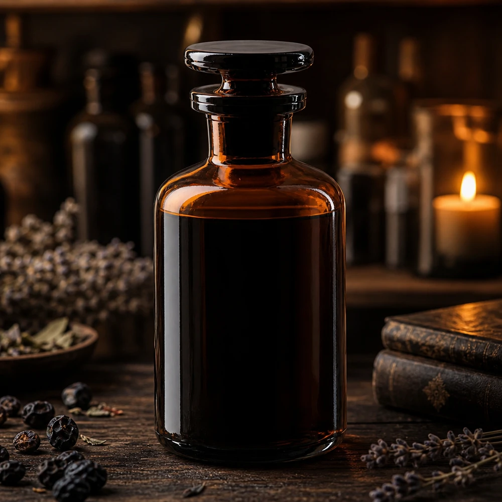 Rundskuldrad flaska, 50 ml, brunt glas med smal hals och glaspropp, för apotek och homeopati