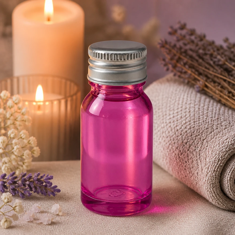 Lila 10 ml glasflaska med 11 mm öppning och silverfärgat aluminiumlock för wellness och spa