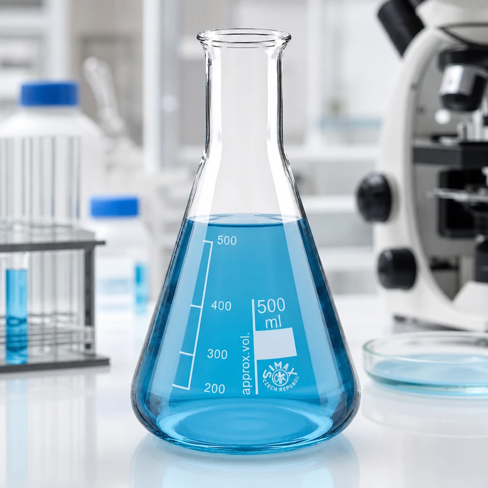 Erlenmeyerkolv 500 ml med smal hals Erlenmeyerkolv 500 ml med smal hals och blå lösning i steril laboratoriemiljö för kemiska experiment