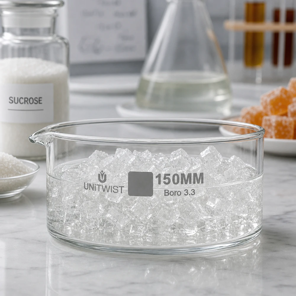 Kristallisationskärl ø150 mm, borosilikatglas UNiTWIST Kristalliseringsskål, diameter 150 mm, UNiTWIST Boro 3.3, med sockerkristaller (sackaros), för laboratoriebruk