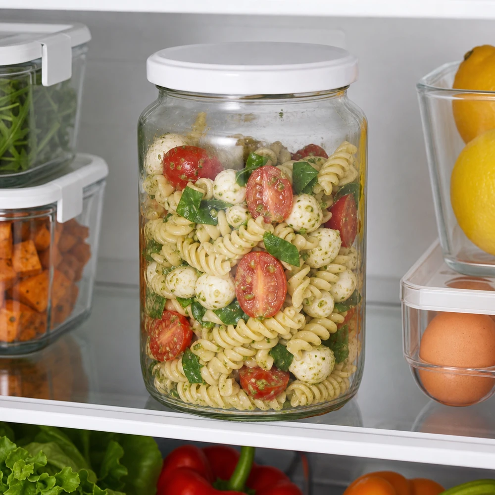 795 ml rund burk med BasicSeal-lock vit UNiTWIST 795 ml UNiTWIST rund burk som måltidsförberedande behållare i kylskåpet fylld med pastasallad visar perfekt färskhetsbevarande