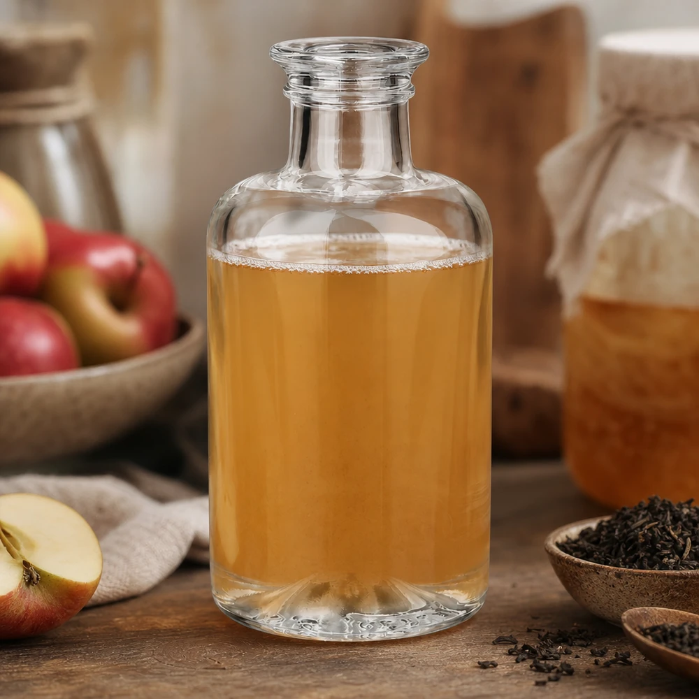 100 ml apoteksflaska Sofia utan lock UNiTWIST® 100 ml Sofia glasflaska fylld med äppeljuice bredvid färska äpplen och te-örter på ett naturligt träbord