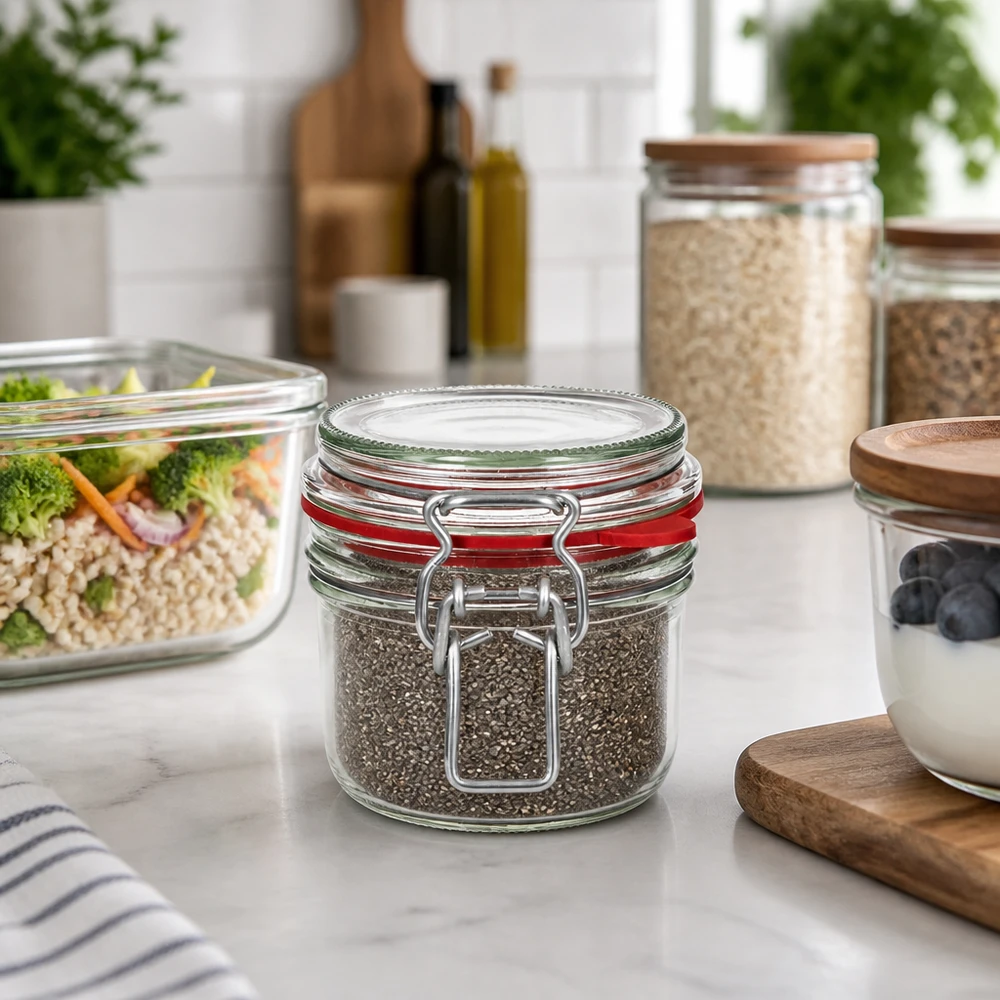 255 ml förvaringsburk av typ G med klämförslutning UN.. Stilvolle Küchenorganisation mit 255ml Vorratsglas Bügelverschluss für Gewürze und Trockenvorräte auf Marmortheke