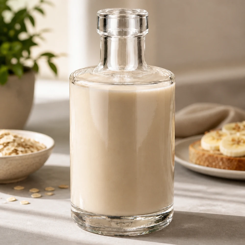 200 ml glasflaska Marie utan lock UNiTWIST® Glasflaska Marie 200ml fylld med havremjölk Livsstil köksscen med havreflingor och bröd Applikation