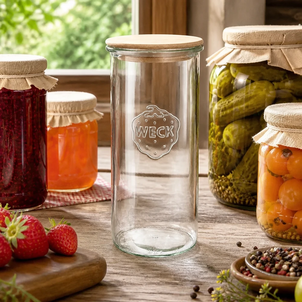 1500ml WECK RR100 Krossade glasögon med trälock WECK RR100 1500ml konserveringsburk med trälock i rustikt kök med sylt och saltgurka