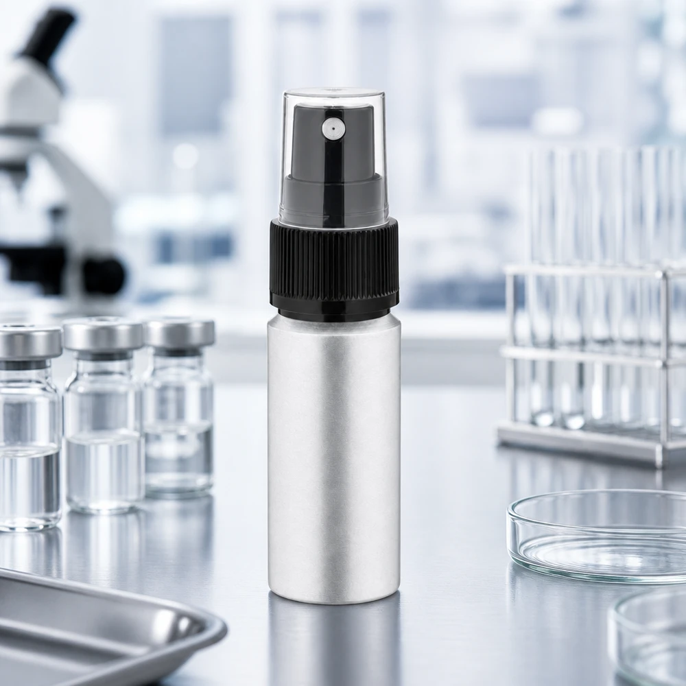 20ml flaska i betad aluminium med atomiserare Laboratorietestad 20 ml aluminiumflaska med finfördelare för professionell kosmetikaproduktion