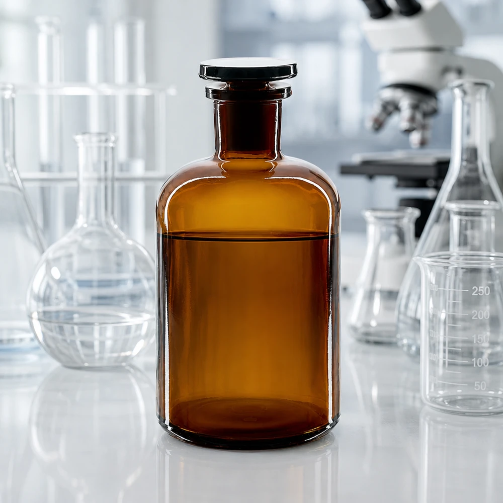 Flaska med rund axel 500ml brun glaspropp med smal hals Ljusskyddsflaska 500 ml, brun, rundskuldrad, smal hals, glaspropp, för laboratoriemiljö