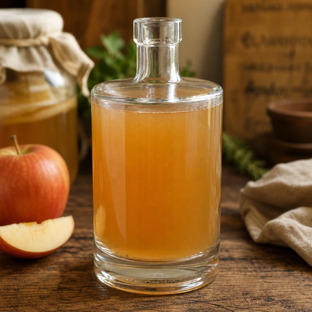 500 ml glasflaska Marie fylld med äppelcider bredvid färska äpplen visar på mångsidig användning för hemlagad juice