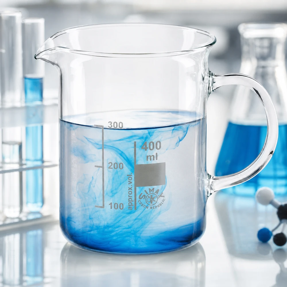 Bägare 400 ml borosilikatglas, med handtag Bägare 400 ml med handtag, blå färgämne löses upp i vatten, borosilikatglas, laboratorieutrustning
