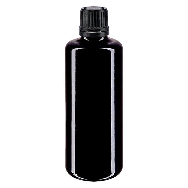 Apoteksflaska violett 100 ml skruvlock svart hällring manipuleringssäker förslutning Apoteksflaska violett 100 ml skruvlock svart hällring manipuleringssäker förslutning