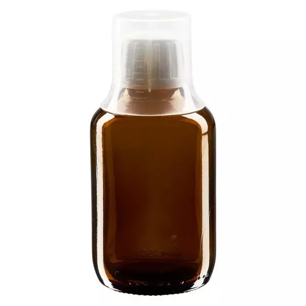 150 ml medicinflaska brun, säkerhetsförslutning med doseringsbägare 30 ml ApoGlas