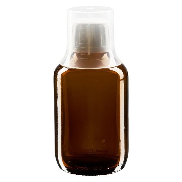 150 ml medicinflaska brun, säkerhetsförslutning med doseringsbägare 30 ml ApoGlas