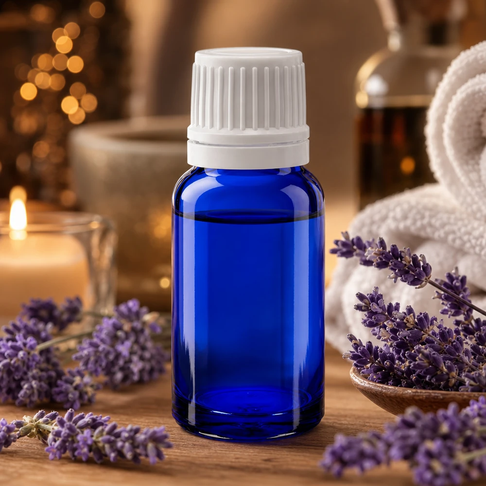 Apoteksflaska blå 10ml skruvkork vit säkerhetsförslutning Liten 10 ml glasflaska i blått med vitt barnsäkert lock för eteriska oljor