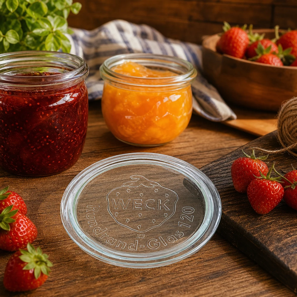 WECK glaslock RR120 WECK Glasdeckel RR120 für stilvolle Marmeladengläser und Konservierung von Obst in rustikaler Küche mit Erdbeeren