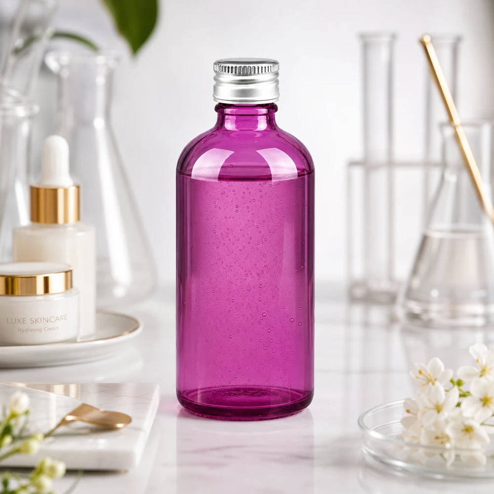 100 ml flaska. 11mm skruvkork aluminium-silver standard PurpleLine. UT18/100 Kompakt 100 ml glasflaska i intensiv violett färg, perfekt för hudvårdsprodukter och essenser