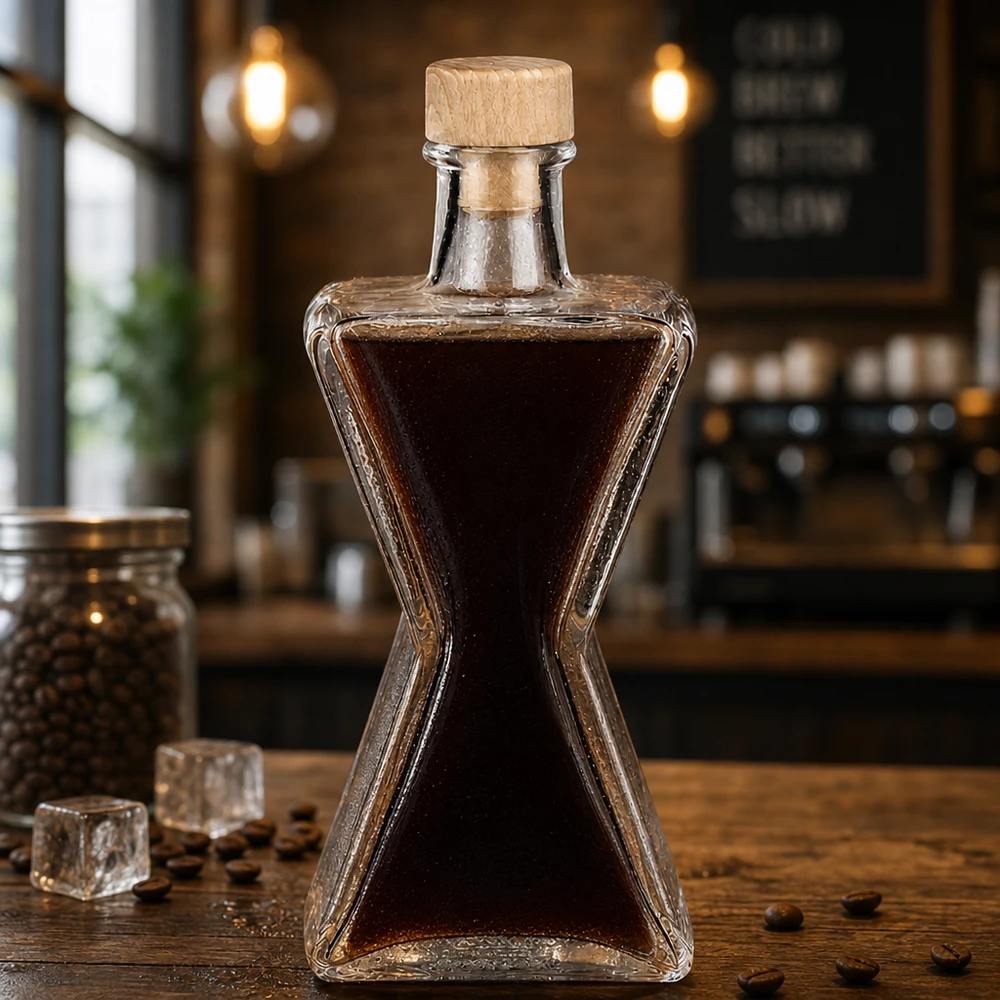 200 ml glasflaska Star med kork med trähandtag UNiTWIST® 200ml Glasflasche Star mit Kaffeelikör befüllt - Holzkorken UNiTWIST in stilvoller Café-Atmosphäre mit Kaffeebohnen