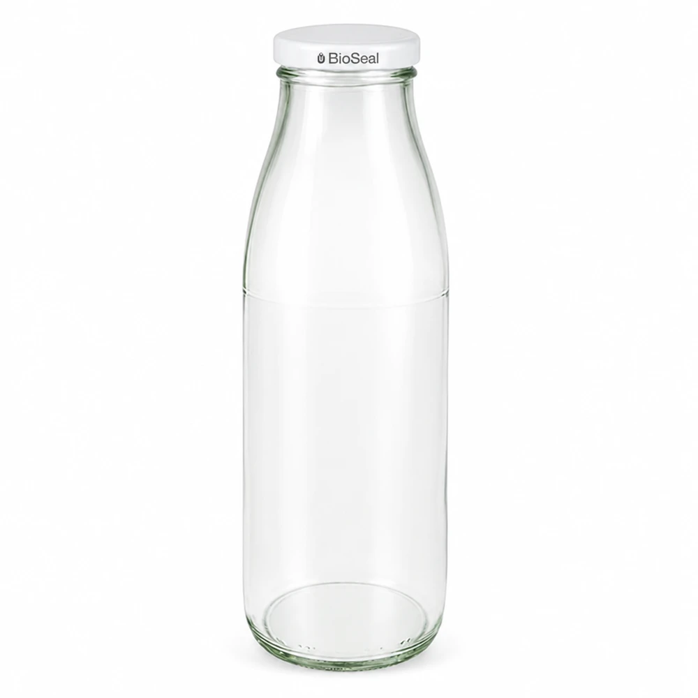 500 ml glasflaska med vitt BioSeal-lock, transparent, UN-certifierad, mjölkflaska för mat och dryck