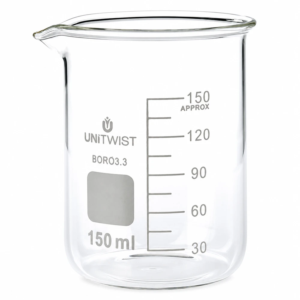 Bägare 150 ml, borosilikatglas, låg form, UNiTwist, transparent, med skala upp till 150 ml