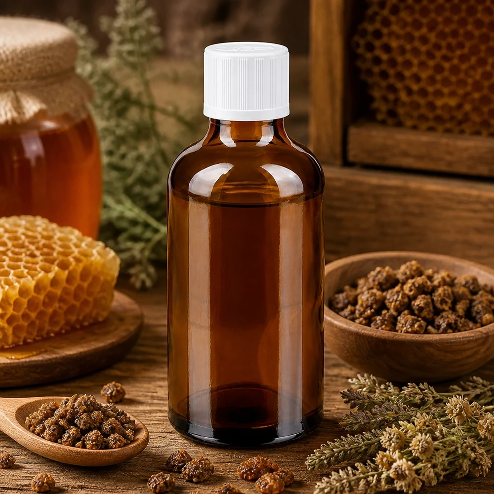 50 ml apotekarflaska i brunt glas med vitt barnsäkert lock, mellan honungskakor och propolis