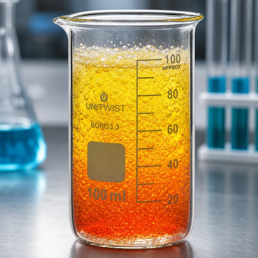 Bägare 100ml borosilikat, hög form UNiTWIST UNITWIST borosilikatglasbägare, 100 ml, hög modell med bubblande gul-orange reaktionsvätska