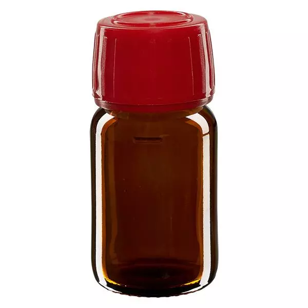 30 ml medicinflaska brun, rött lock med manipulationsskyddad ring ApoGlas 30 ml medicinflaska brun, rött lock med manipulationsskyddad ring ApoGlas