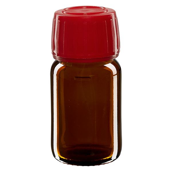 30 ml medicinflaska brun, rött lock med manipulationsskyddad ring ApoGlas 30 ml medicinflaska brun, rött lock med manipulationsskyddad ring ApoGlas