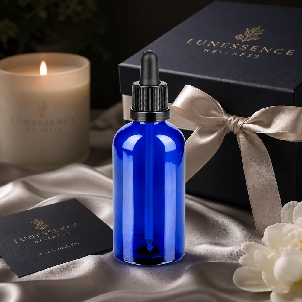 Elegant blå glasflaska 100 ml med svart pipett för hälso- och hudvårdsprodukter