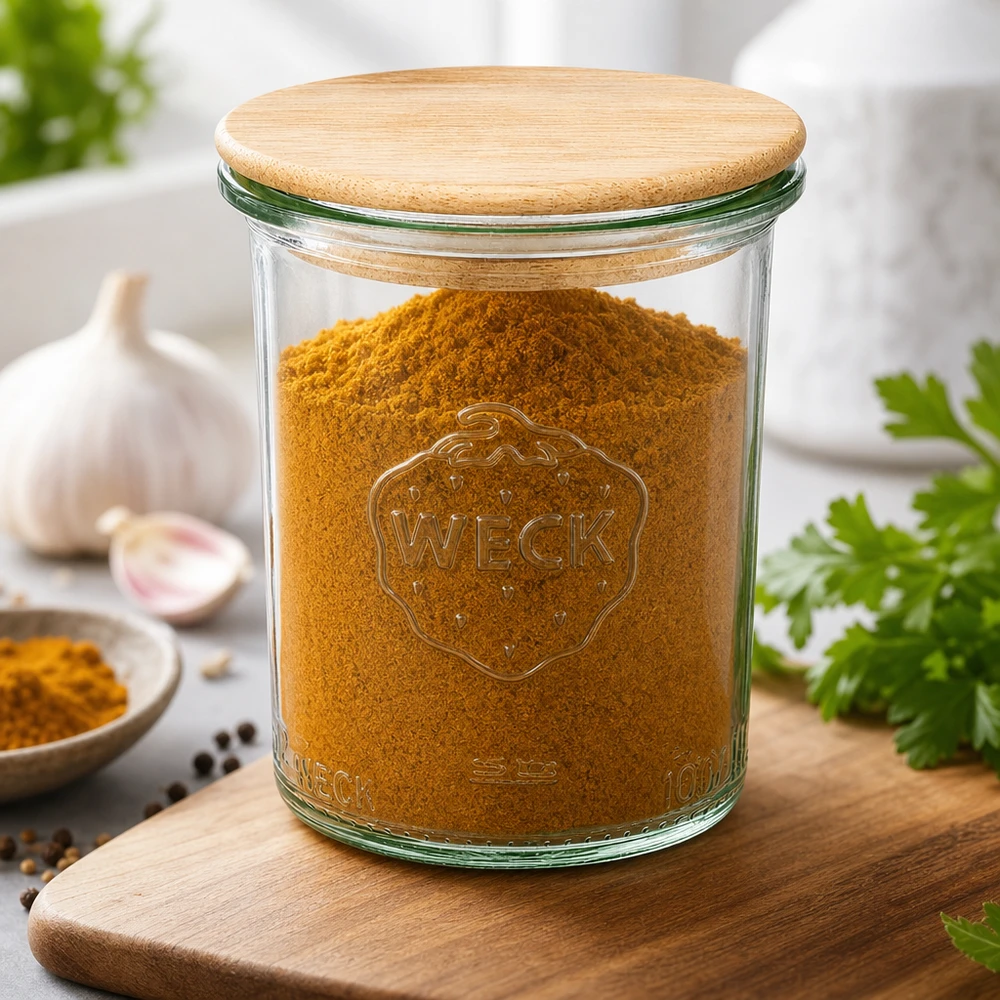 160ml WECK RR60 Krossade glasögon med trälock WECK 160ml RR60 murarburk med bambulock fylld med gurkmeja kryddor köksbräda vitlök örter