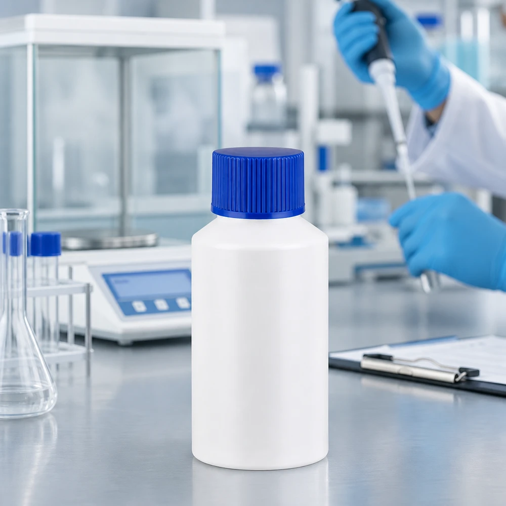 Kompakt vit HDPE-flaska på 50 ml med blå säkerhetskork på en laboratorieyta av rostfritt stål