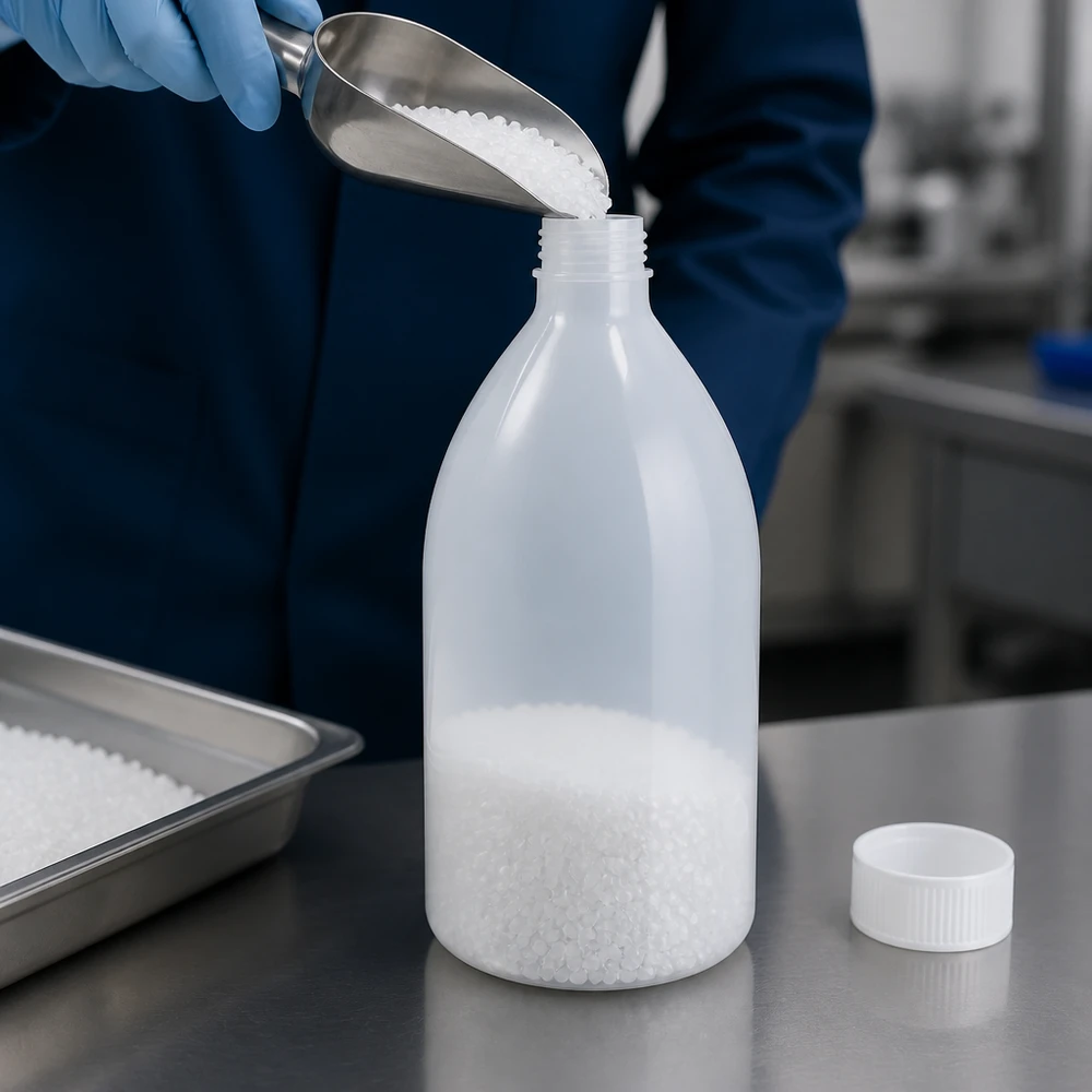 1000ml laboratorieflaska med smal hals utan lock Laboratorieflaska med smal hals, 1000 ml, HDPE, utan lock, fylls med granulat