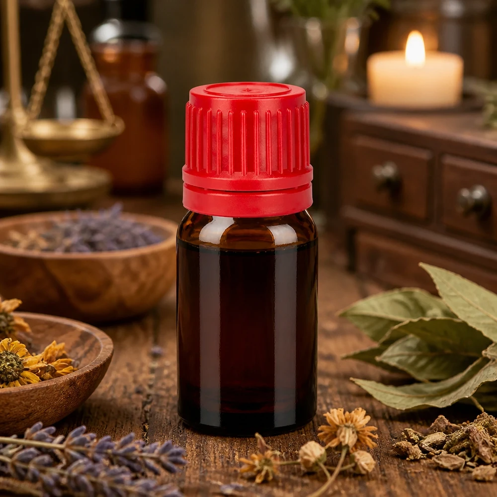 Liten 5 ml glasflaska med rött lock, perfekt för DIY-kosmetika och naturläkemedel
