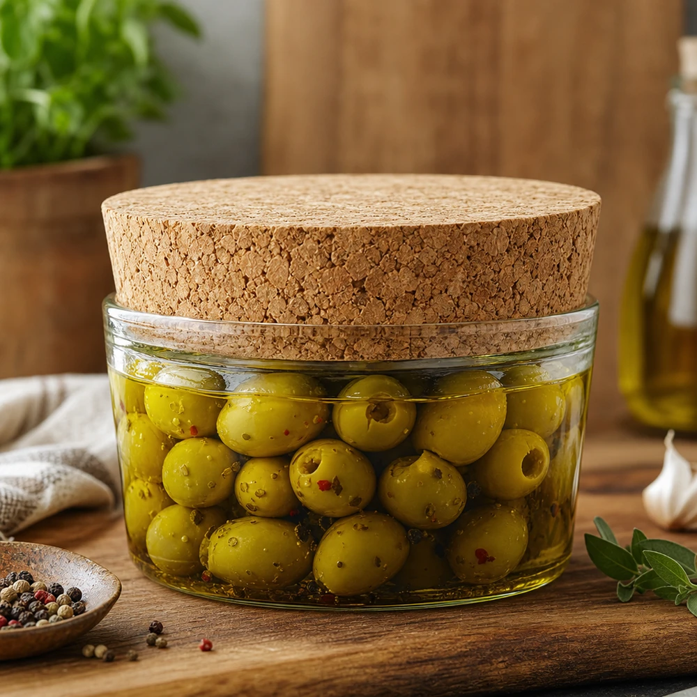 Kork för öppning 40mm WECK RR40 (ø38/43, H=20mm) Eingelegte Oliven in Glasdose mit WECK Korken RR40 Naturkork Verschluss mediterrane Küche luftdichte Aufbewahrung 40mm