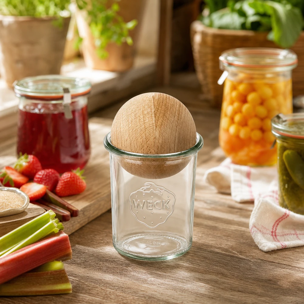 160ml Krossade glasögon WECK RR60 med träkula bok WECK Sturzglas 160ml mit Buchenkugel in rustikaler Küche neben Marmeladengläsern und frischen Zutaten dekoriert